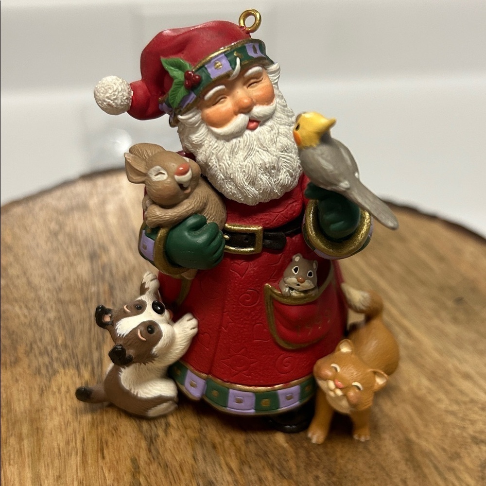 1999 Hallmark Keepsake Santa with Pets Ornament - Red and Green